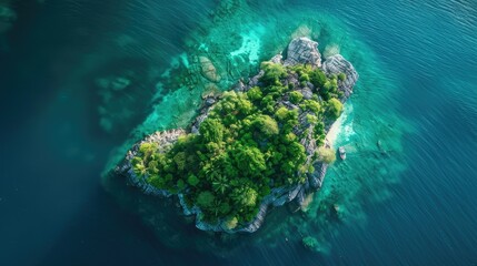 Wall Mural - Breathtaking aerial view of a picturesque island in a vast sea, with lush vegetation and crystal-clear waters