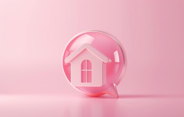 Poster - Isolated on pink background, pink real estate message house in a speech bubble icon. Minimalistic design. 3D illustration.