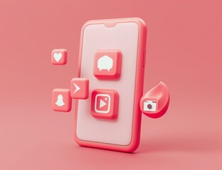 Poster - Icons for social media advertising with a smartphone. Trendy design for social media advertising. Modern technology concept. 3D rendering.