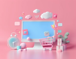 Poster - Animated 3D online shopping concept. Online store with 3d renders.