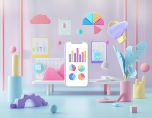 Poster - an illustration illustrating a 3d render of the user interface for a minimal mobile app design conce