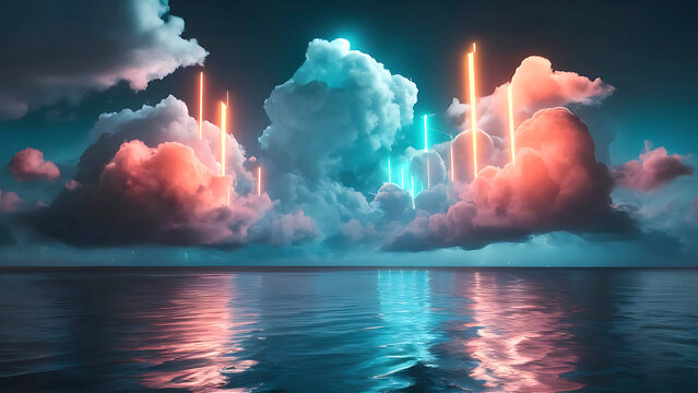 Product display backdrop featuring a 3D seascape scene with dreamy clouds and neon lights.