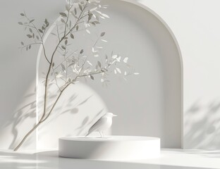 Poster - Pastel cream and beige colors scene with podium, bird, and abstract background. Trendy 3D render for social media banners, promotions, cosmetic product shows, fashion shows.