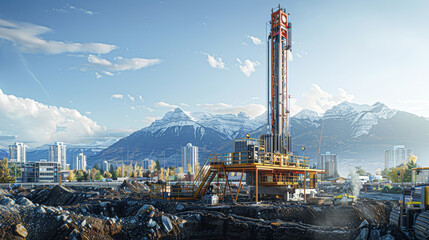 Wall Mural - A large oil rig is in the middle of a city with mountains in the background