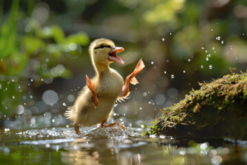 Wall Mural - A baby duck is splashing in the water