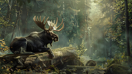 A moose is laying on a log in a forest