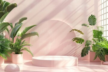 Poster - The background is a 3D rendering of a soft pink product stage platform.