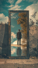 Wall Mural - A man stands in front of a mirror, looking into it