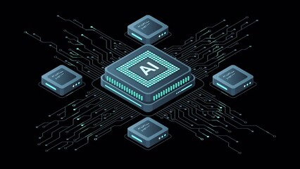 Poster - Isometric artificial intelligence chip animation. Artificial Intelligence concept. Futuristic microchip processor. Motion graphic. Transparent background with alpha channel