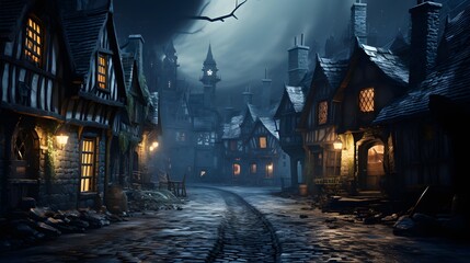 Foggy night in the old town. 3D rendering.