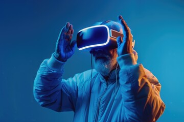 Poster - A person wearing a blue jacket and using a virtual reality device, perfect for tech or innovation-themed projects