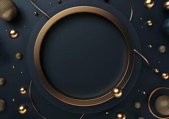 Poster - Flying geometric shapes with golden round frame. Set of realistic spheres, rings, tubes. 3D render illustration of modern product design.
