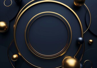 Poster - 3D rendering illustration of flying geometric shapes in motion with a golden round frame. Dynamic set of spheres, rings, tubes. Background for showing product design in a dark blue color.