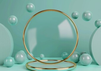 Poster - Dynamic set of realistic spheres, rings, tubes. Modern background for product design show in dark turquoise color. Illustration in 3D.