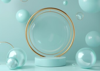 Poster - Geometric shapes flying with golden frame. Spheres, rings, tubes in dark turquoise color. Modern design background. 3D illustration.