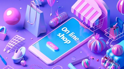 Poster - An online store on a website or mobile application. A 3D rendering background. A digital marketing store.