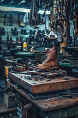 Poster - A pair of brown boots sitting on a wooden table, perfect for outdoor or rustic-themed photoshoots