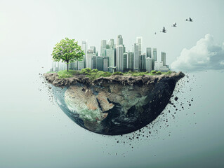 Wall Mural - A city is shown in the middle of a large, round, rocky planet