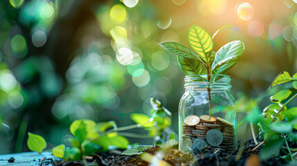 Poster - A jar filled with coins and a plant growing out of it