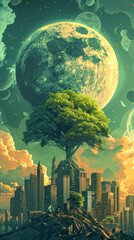 Wall Mural - A tree is growing on top of a city with a large moon in the background