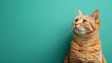 A close-up photo of an orange tabby cat looking up and to the right against a teal background. The cat has white fur on its chest and around its mouth.