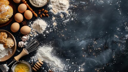 baking ingredients and utensils on dark background with flour and copy space