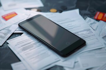 Aufkleber - A cell phone resting on a stack of documents and files