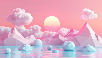 Poster - landscape with mountains and lakes in low polygon style, 3d rendered.
