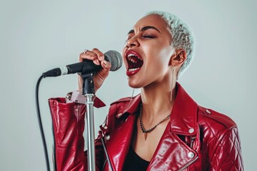 Poster - A woman in a red leather jacket is singing into a microphone