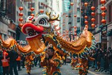 Chinese New Year, Dragon dance performers in festive parade, Lunar Celebration