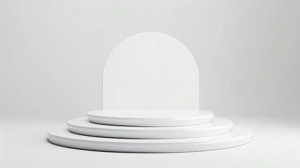 Poster - Minimalistic white podium display with clean curves and layered steps, suitable for product showcasing in a modern setting.