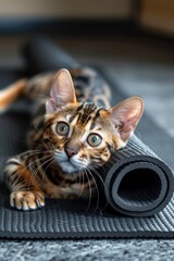 Aufkleber - A cat is lying down on a yoga mat, providing a unique and playful twist on traditional yoga poses