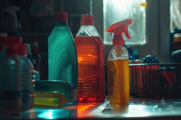 Poster - A kitchen counter with various cleaning supplies, including bottles and a sprayer