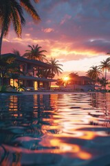 Poster - A serene sunset scene at a resort, featuring a pool and palm trees