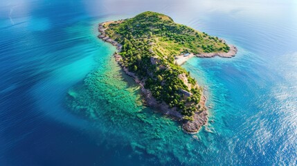 High-angle image of a stunning island in the middle of the sea, with turquoise waters and green foliage