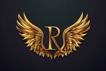 Canvas Print - A golden letter R with wings on a black background