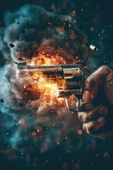Poster - A person holds a gun in front of a fire, possibly for warmth or protection