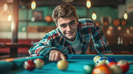 Poster - A person leaning over a pool table with balls scattered around, ready to take their next shot
