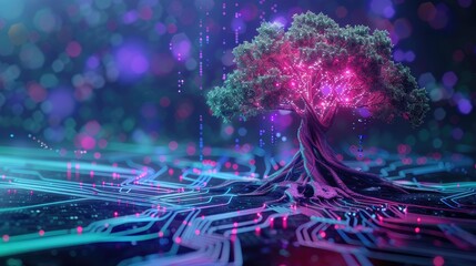 Wall Mural - High-tech tree with neon lights and circuit roots, set against a modern graphic background, showcasing nature's tech transformation