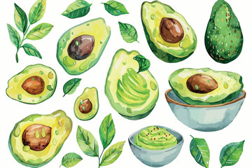 Sticker - Set of different looking avocados. Bright green fruits or vegetables, slices, with grain. Food for healthy eating. Vector flat illustration