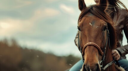 Poster - A person sitting on the back of a brown horse, with scenery in the background