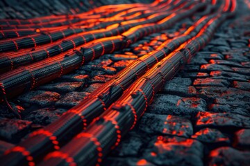 Poster - Close up shot of a train track at night with red lights, useful for editorial or commercial use