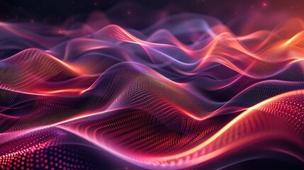 Mesmerizing graphic waves of light, forming intricate patterns on a dark background, vibrant and elegant