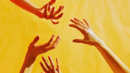 Poster - A group of people stretching to reach something high, often used in illustrations about community or teamwork