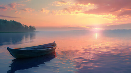 Wall Mural - A boat is floating on a calm lake at sunset