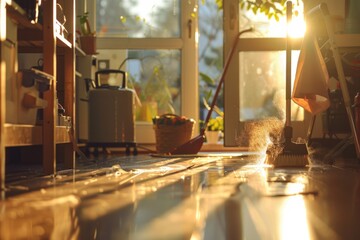 Poster - Natural sunlight streaming into a room through an open window, illuminating the floor