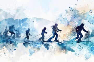 Sticker - A group of people skiing down a snowy hill, great for winter sports or outdoor activities