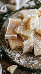 Wall Mural - A plate of cheese covered in white flakes sits on a wooden table