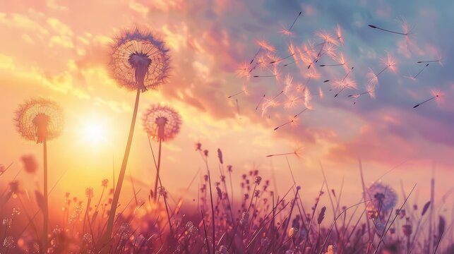 dandelion seeds blowing in the wind at sunset conceptual growth image digital illustration