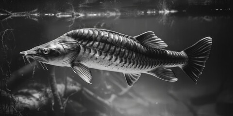 Poster - A close-up photo of a fish in black and white, suitable for use as a decorative element or illustration